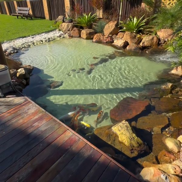 Custom natural pool, beach style, built by Arte do Mato in a private garden, including wooden decking