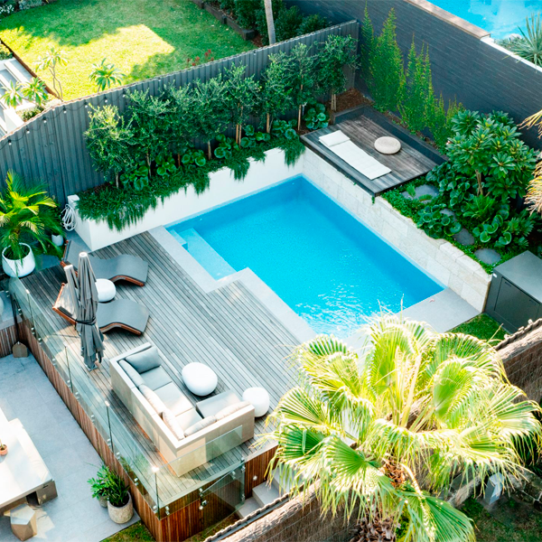 mini pool in backyard drone view by Stone Lotus Landscapes