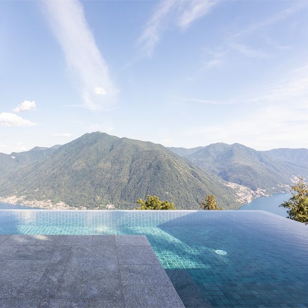 mountain view from a private infinity pool in a project by Andrea Meirana, in Lake Como