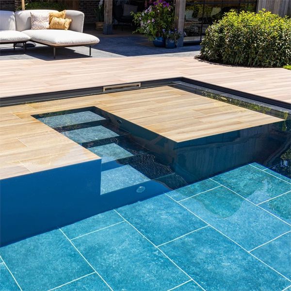 interior of a modern natural pool, with central steps, by Cockheyt Biopools