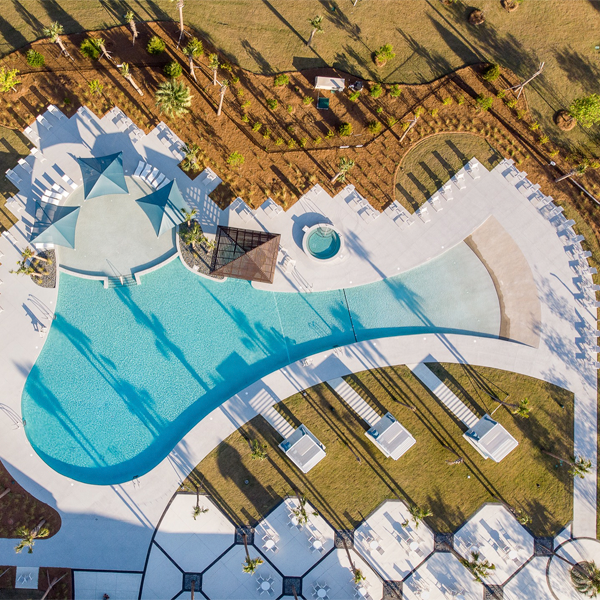 drone view of a custom swimming pool in a hotel