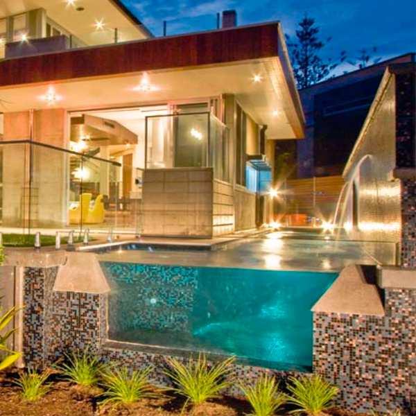 underwater window in a swimming pool at night