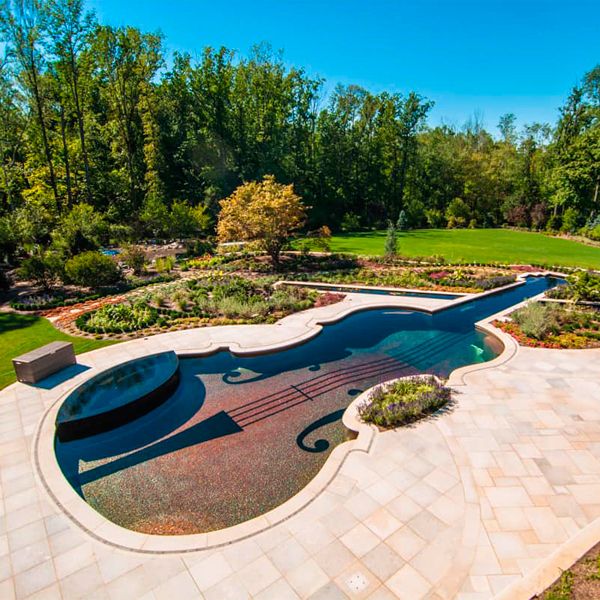 a unique pool and spa with a violin desin, by Cipriano Landscape Design