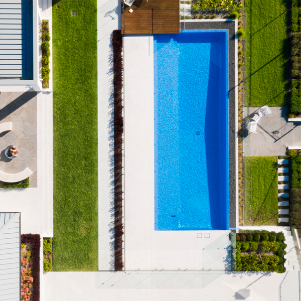 pool and landscape design view drone by Rolling Stones Landscapes