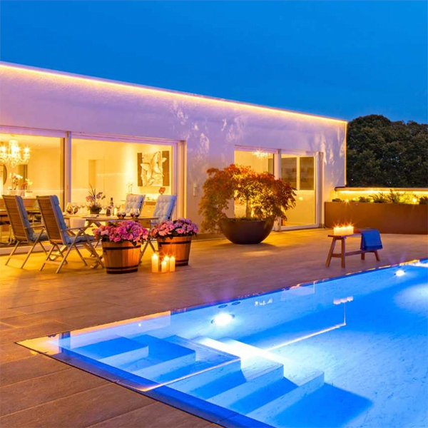 overflow prefab pool at night