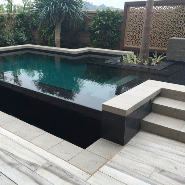 dark colored infinity mini pool by Pinnacle Pools and Spas