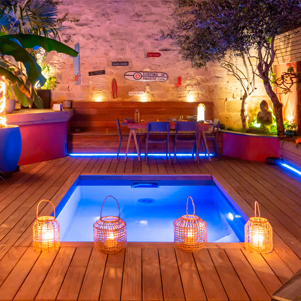 wood mini pool at night