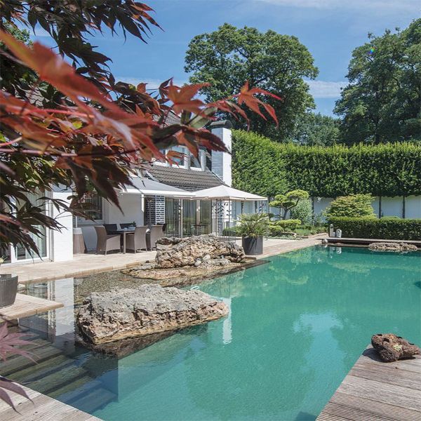 natural pool in the garden of a single-family house, by Garten Terpelle