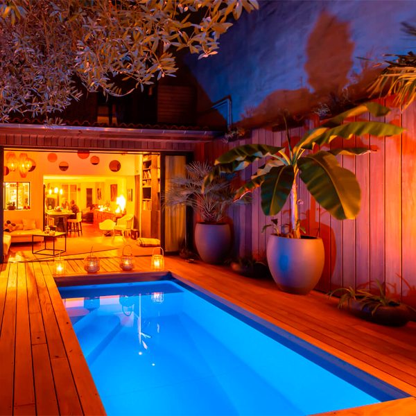 wood mini pool at night
