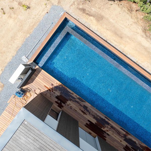aerial view of an infinity lap pool by MCR Piscines