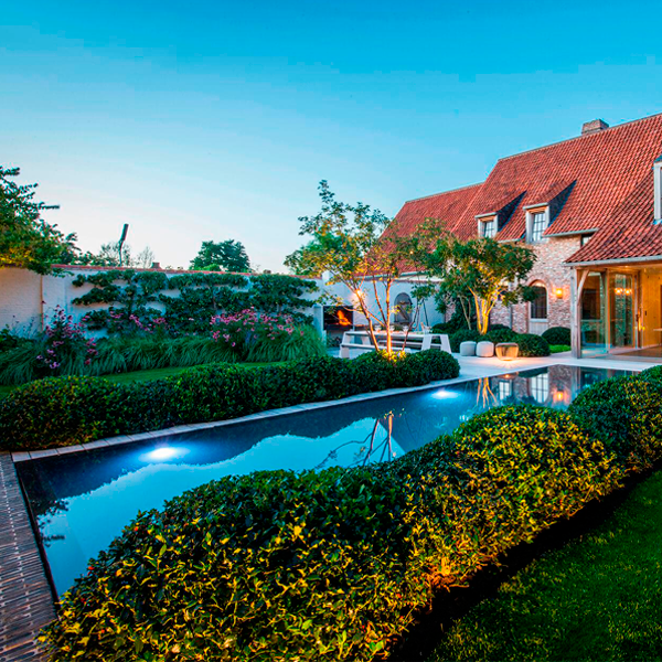 piscina desbordante con entorno en madera y vegetación