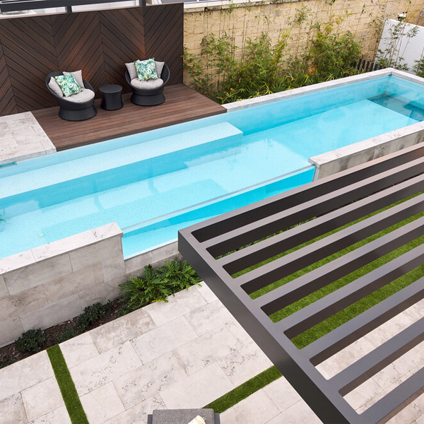 above ground lap pool with a pool window by De Vries Designs