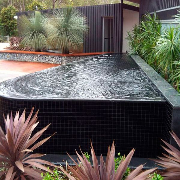 Black mini infinity pool, with an irregular design of rounded shapes, by Precision Pools, in a lush garden, with many different plants