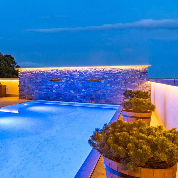 overflow prefab pool at night