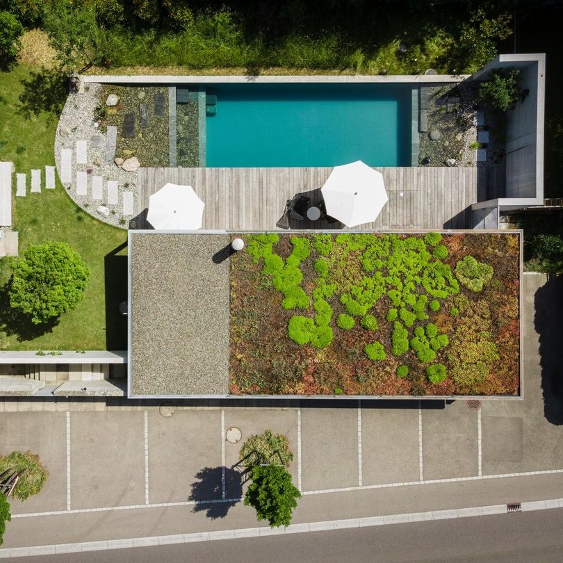 Drone view of a traditional rectangular designed natural pool, in a modern and refined garden with wooden decking, by the Swiss company Stieger