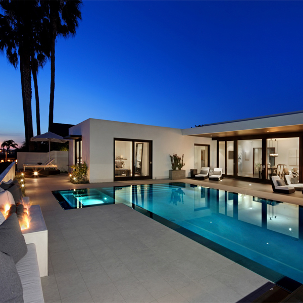 mirror pool and spa at sunset