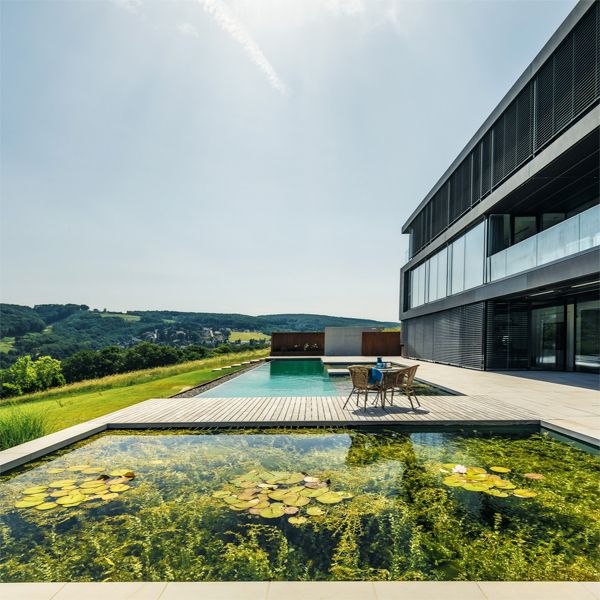 natural infinity lap pool, by Biotop, in a house with a modern and minimalist design