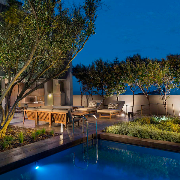 minimalist mini pool at night in a project by Gavin Maddock