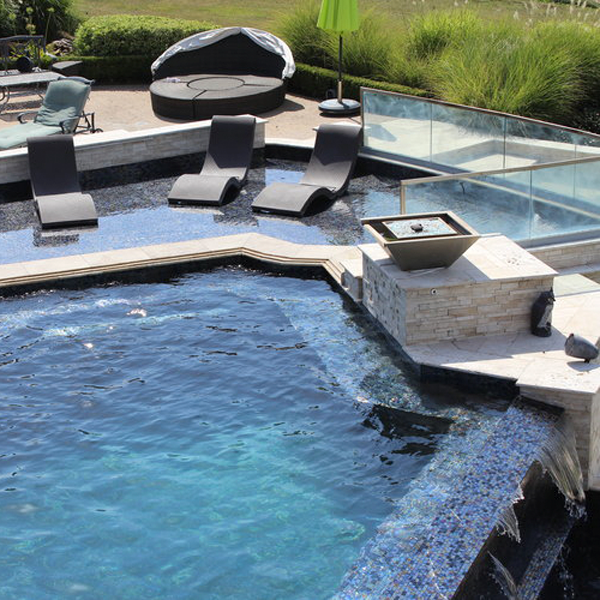 infinity pool and spa drone view by Pinnacle Exterior Construction