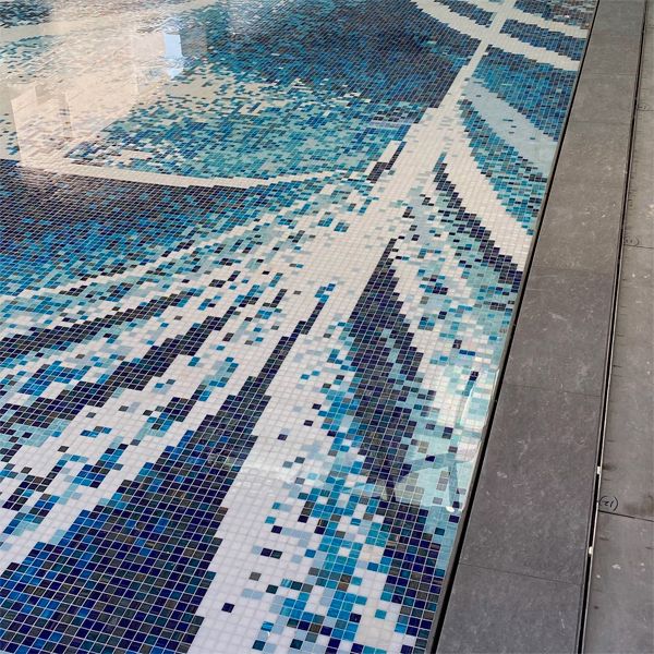 details of a movable floor in an indoor pool coated by custom glass mosaic tiles, by Unik Pools