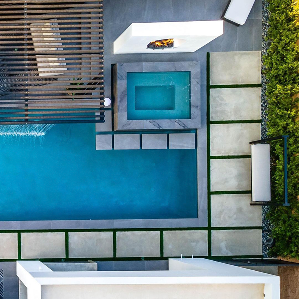private pool and spa drone view by Westmod Design