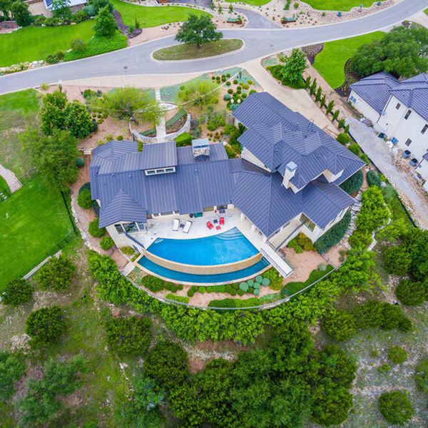 drone view of a custom infinity pool by Modern Design+Build
