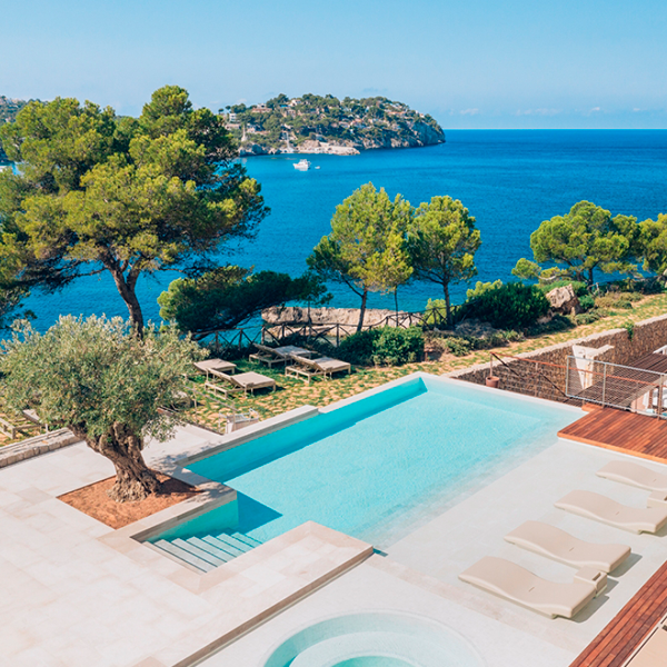 piscina con vistas al mar junto a varios árboles