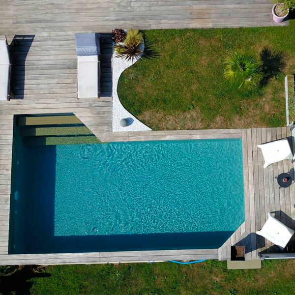 above ground custom wood pool drone view by Envido