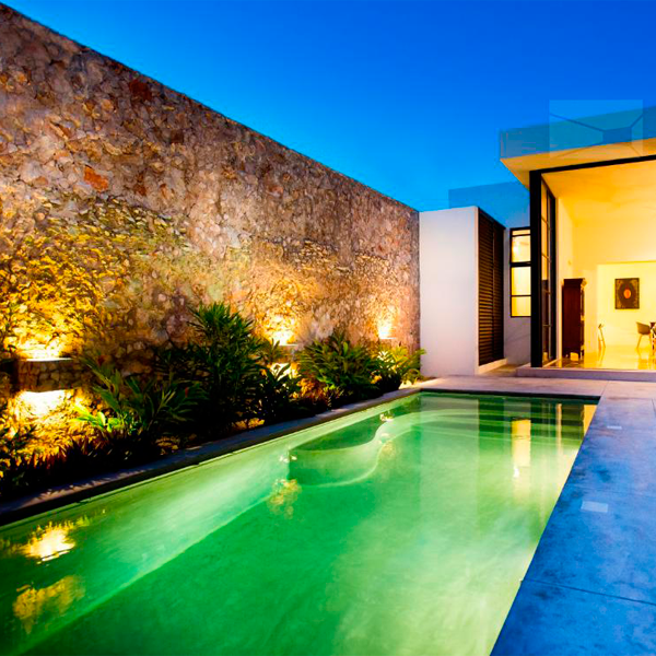 patio mini pool at night