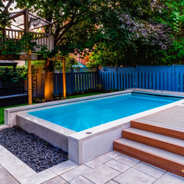 mini infinity pool in a modern design backyard, by Landcon