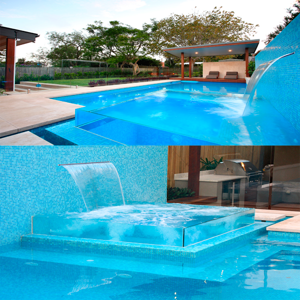 transparent spa overflowing a swimming pool