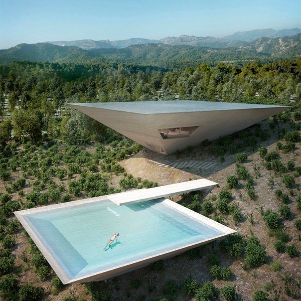 a unique pool shaped like an inverted pyramid, in a futuristic project by TNA Architects