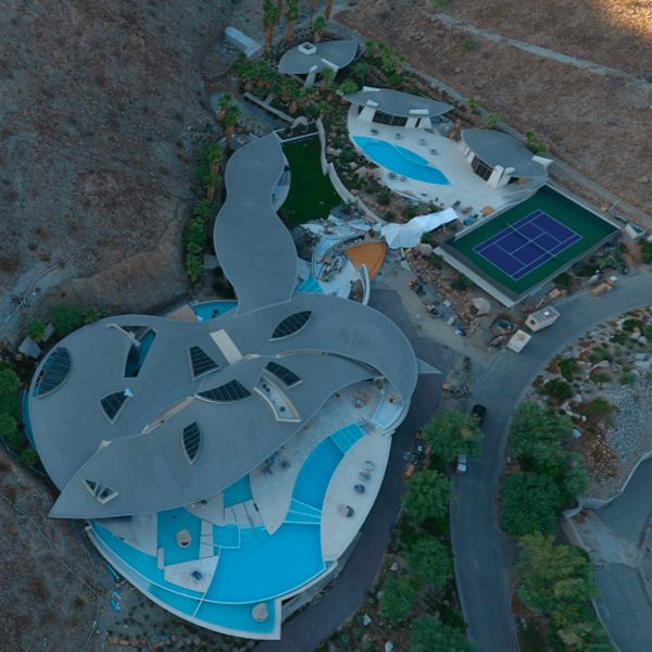 drone view of an impressive project of different customized pool spaces with an ultra modern design, by A & N Pools in Palm Desert (California)