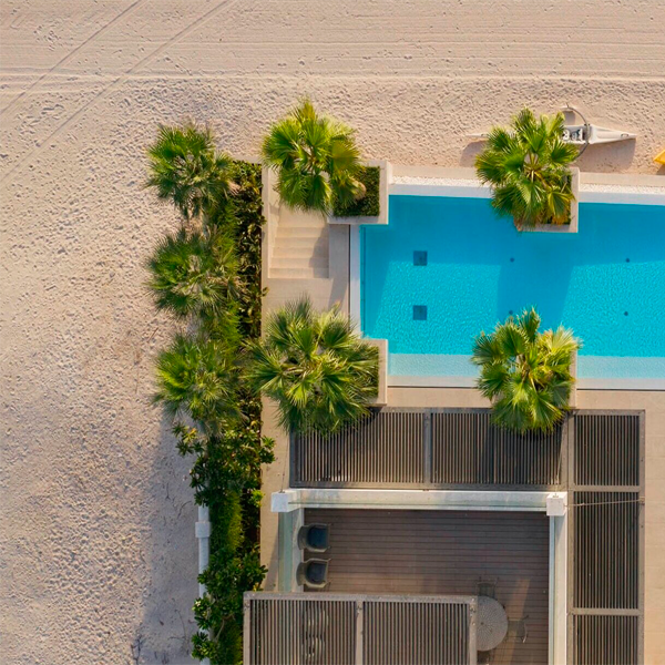 vista desde drone de piscina con palmera junto a la play