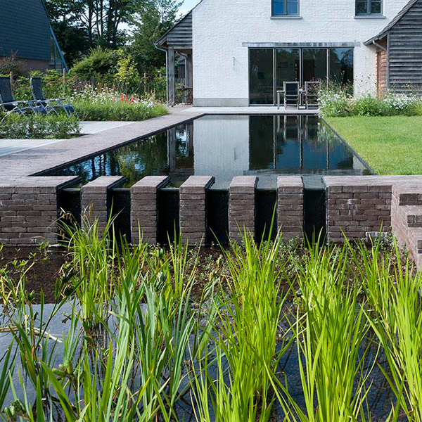 piscina natural desbordante de color negro en proyecto de paisajismo por Green Architects