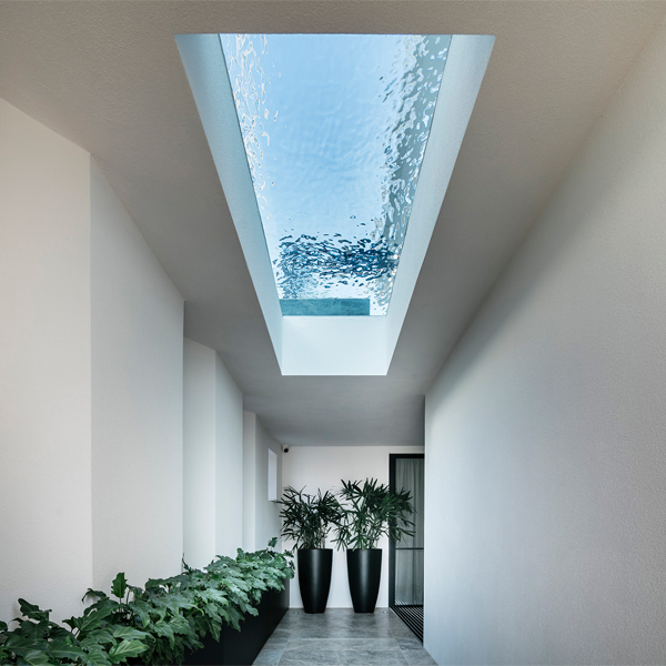 piscina con ventana en el suelo, vista desde el pasillo interior de la casa, por Aloha Pools