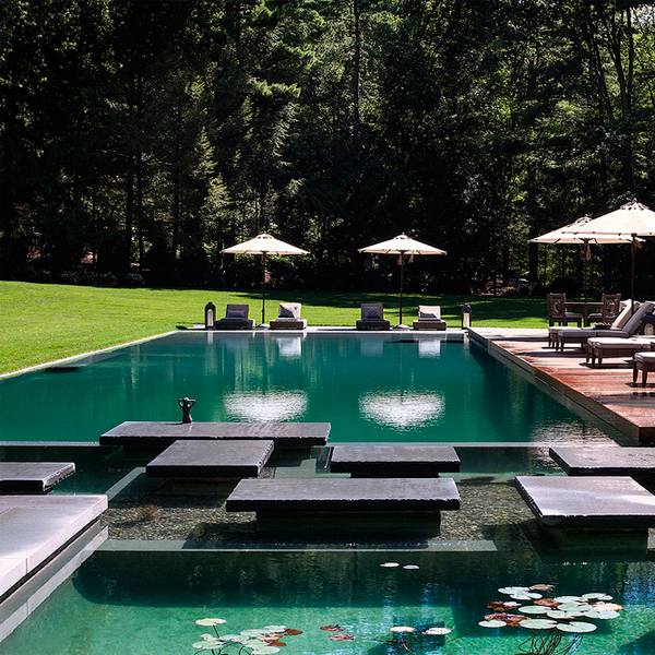 piscina natural con zona relax sobre tarima de madera, por Artemis Landscape Architects