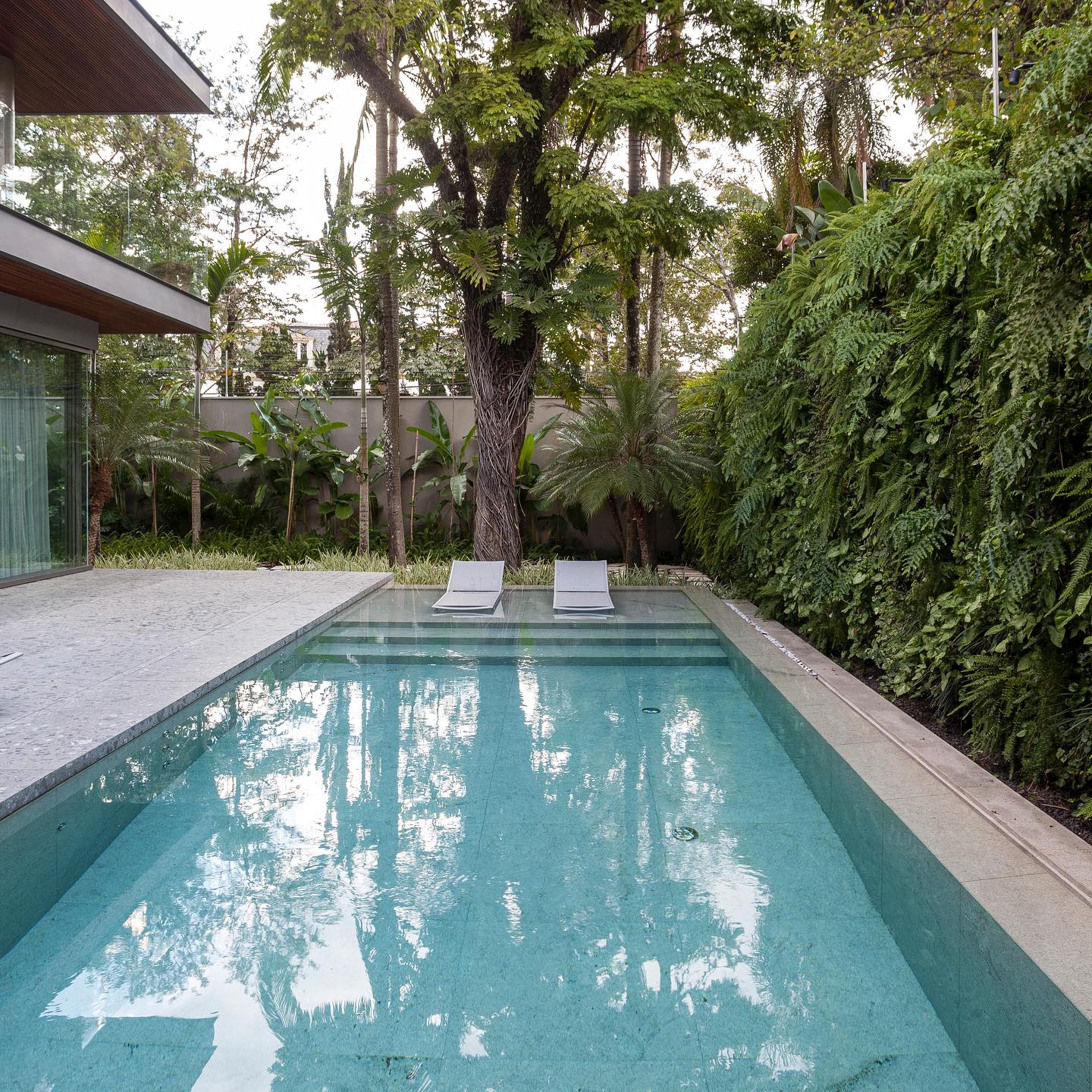 Piscina desbordante, efecto espejo, en un espacio minimalista de una casa de DB Arquitetos, rodeada de vegetación