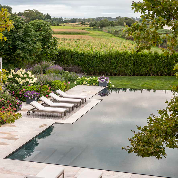 piscina desbordante tipo espejo en completo proyecto de paisajismo por Hollander Design