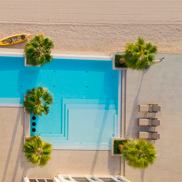 vista desde drone de piscina con palmera junto a la playa
