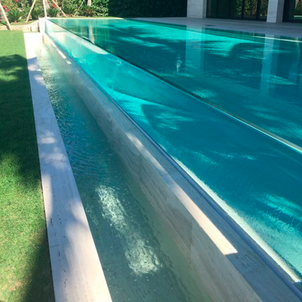 piscina infinity tipo canal de natación con pared transparente, de Regency Pool and Spa