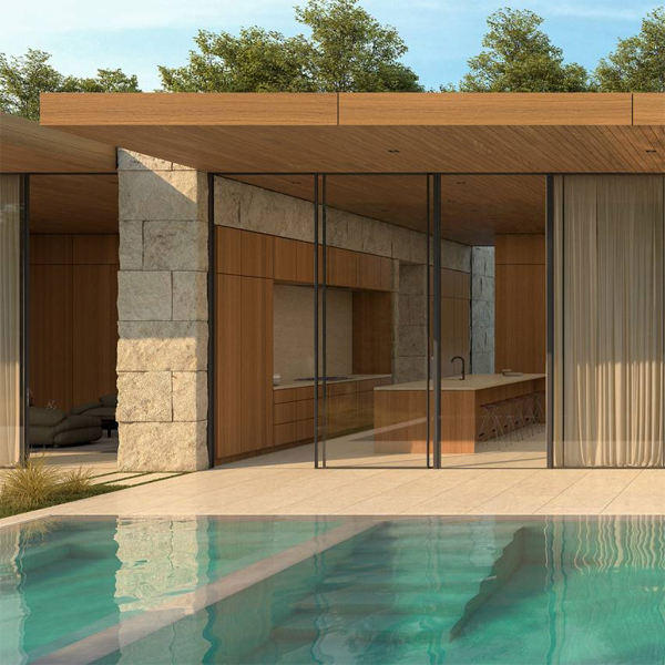 piscina espejo en casa moderna por Woods Dangaran