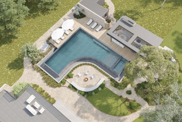 Vista aérea de un proyecto de piscina y paisajismo de COS Design