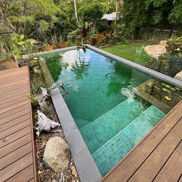 Piscine naturelle au design rectangulaire, dans un jardin privé avec terrasse en bois, par Swell Landscape Design