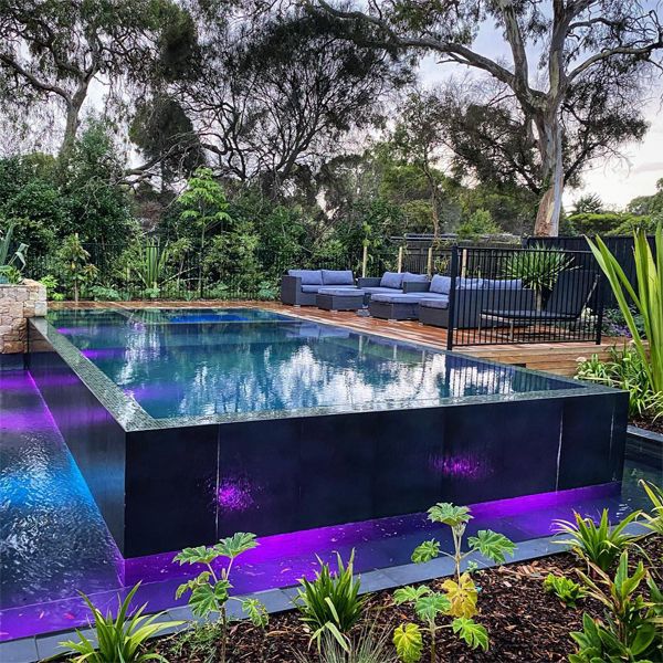 élégante piscine à débordement Kings Gardens and Pools, éclairée par une lumière LED colorée, dans un jardin avec de nombreuses plantes différentes et une terrasse en bois